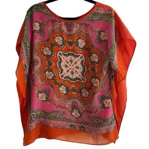 JOY JOY Melinda Tam Orange Pink Bandana Kaftan Top Blouse Boho Festival - Sz S